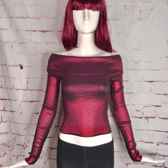 ZARA XS Off the Shoulder Metallic Red & Grey Foil Knit Stretch Top NEW WITH TAG - Picture 15 of 15